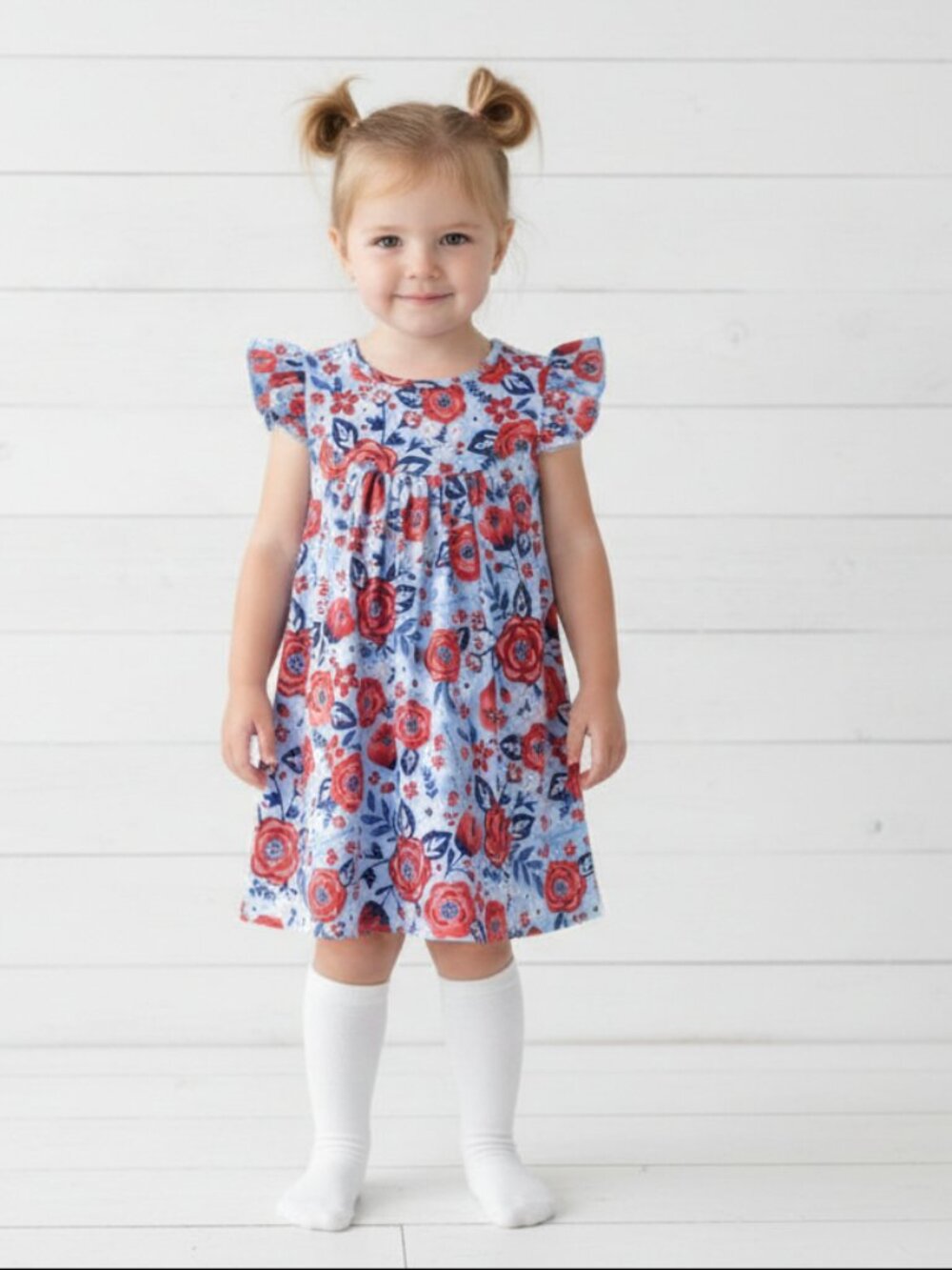 Blue & Red Floral Flutter Sleeve Dress, NWT